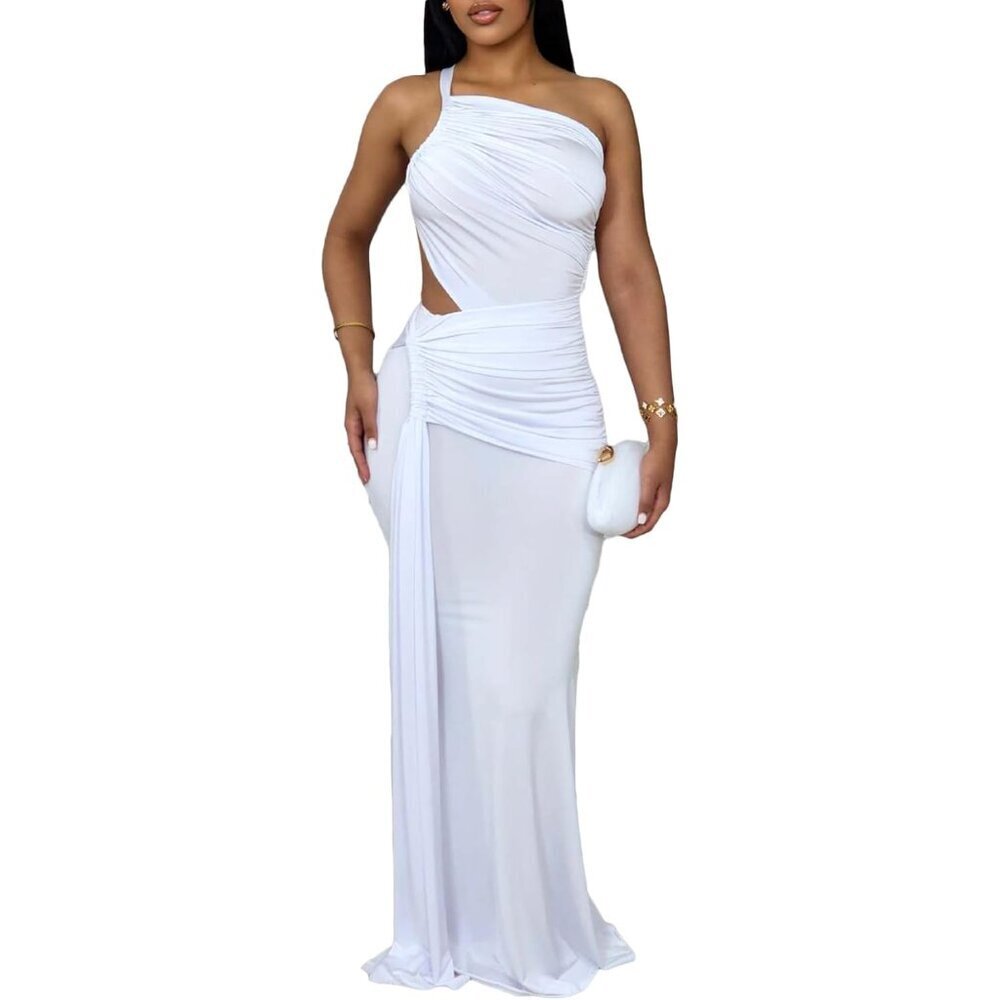Women One Shoulder Maxi Dress Ruched Bodycon Formal Evening Party